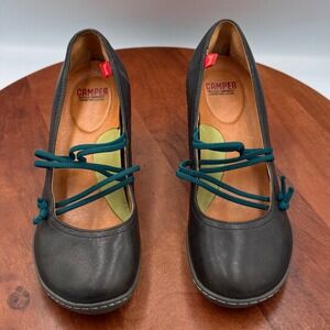 Camper Beginner Heels Dark Gray Leather Elastic Mary Jane Pumps Womens 7 Twee